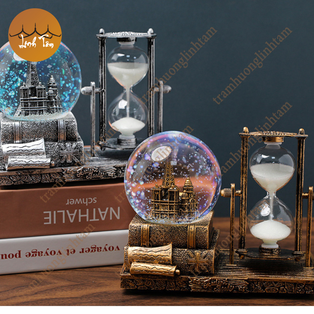 Đồng hồ cát, quả cầu pha lê phát sáng tháp đôi retro có hộp nhạc quà tặng trang trí decor nhà cửa