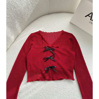 Áo thun lưới phối nơ giữa tay dài loe cổ tim - Áo kiểu croptop