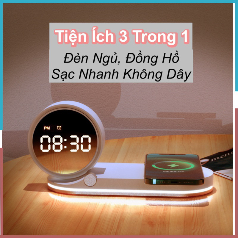 Đèn ngủ 3 chế độ,sạc nhanh, sạc không dây kiêm đồng hồ báo thức K02T
