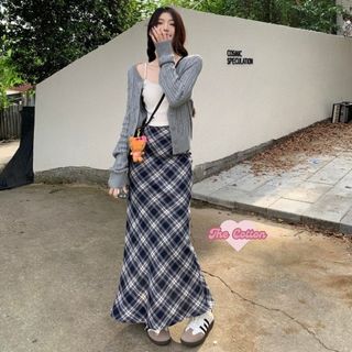  Chân Váy Dáng Dài Đuôi Cá Kẻ Caro TheCotton Sẻ Sau 