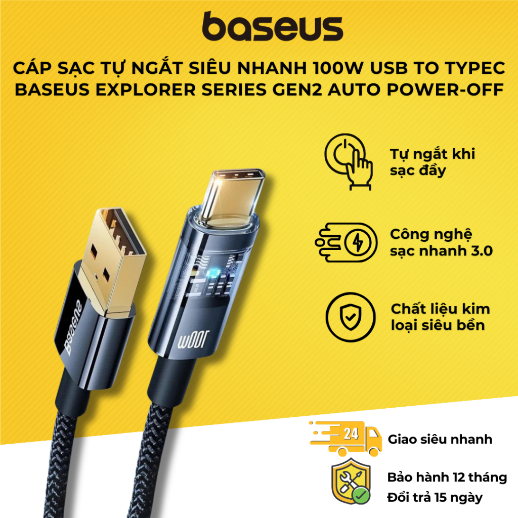 Cáp Sạc Tự Ngắt 100W Siêu Nhanh Baseus Explorer Series Thế hệ 2 Auto Power-Off (USB to Type-C, Fast Charging & Data)