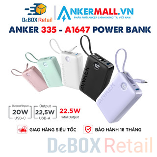 Pin sạc dự phòng anker 335 20000mah a1647 usb-c 22.5w sạc nhanh pd 20w và qc 3.0 kèm cáp usb-c tích hợp - chính hãng