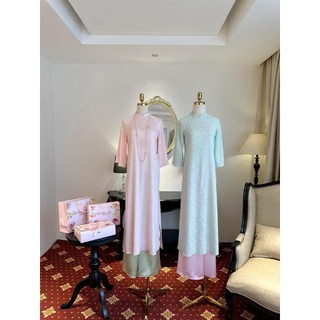 Áo dài gấm cách tân Liên Hoa phối màu hottrend tươi tắn mẫu mới Tết 2024, áo dài đám cưới, lễ hội