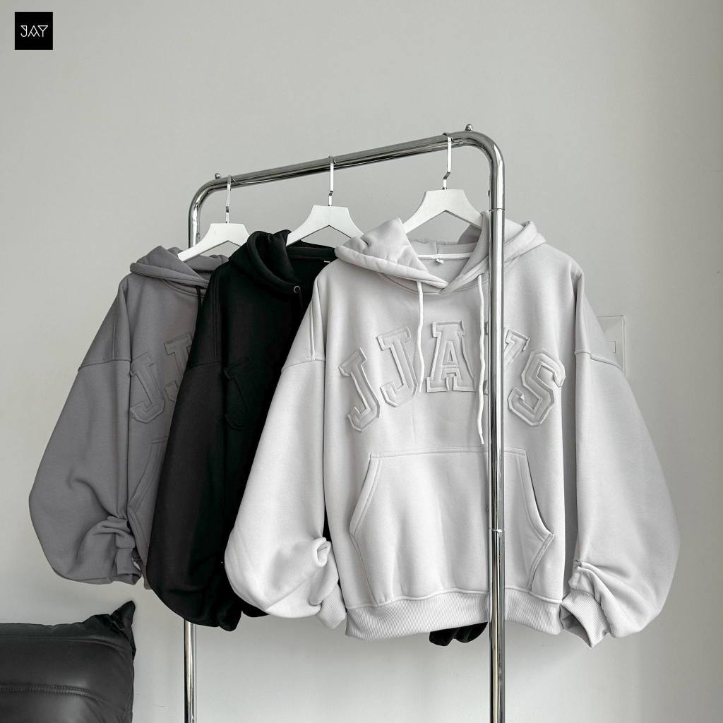 HOODIE BOXY - Áo khoác hoodie thêu đắp vải JJAYS form rộng mũ to nam nữ unisex màu XÁM TRẮNG/XÁM CHÌ/ĐEN 🖤 | BigBuy360 - bigbuy360.vn