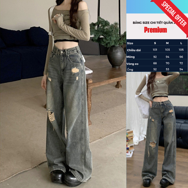 Quần Jean Lưng Cao Ống Suông Phối Rách Phong Cách - Premium