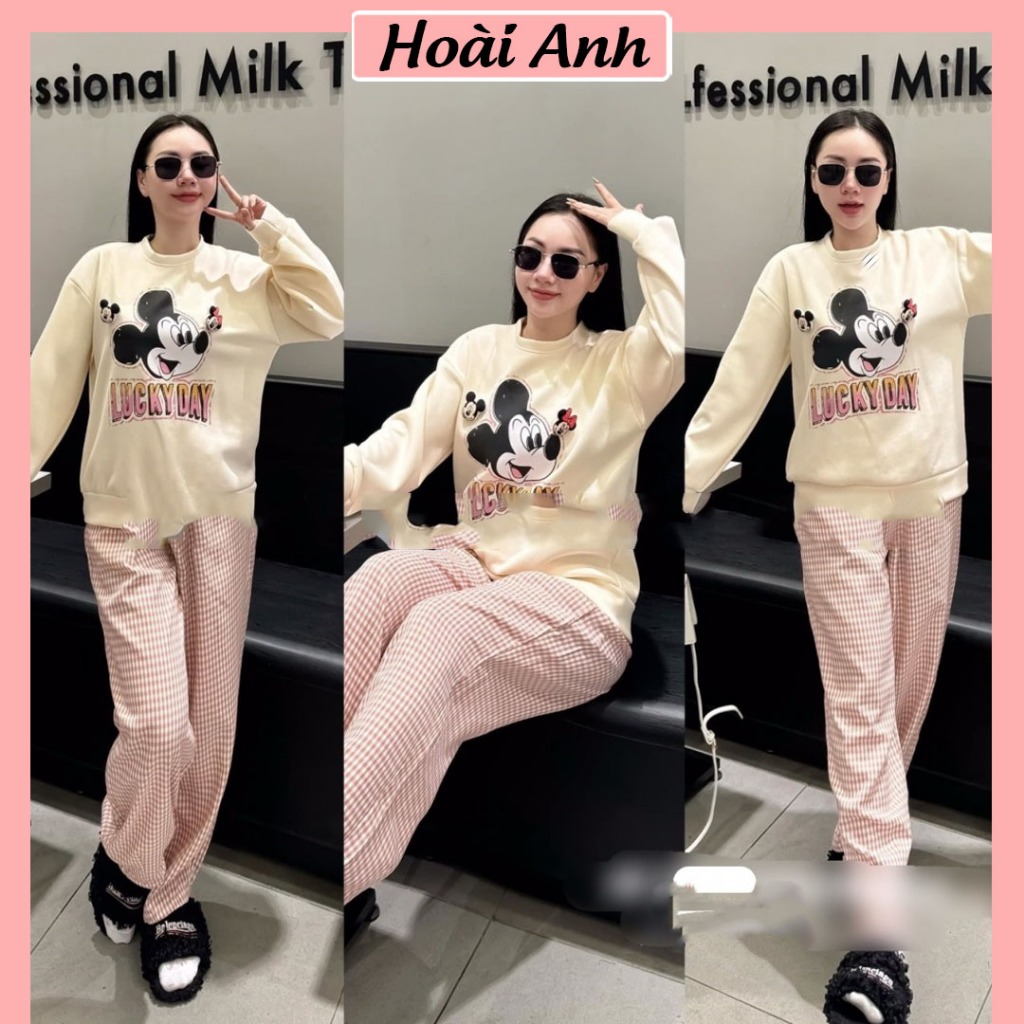 Set Bộ Đồ Nữ Mickey LUCKY DAY Áo Nỉ 2 Da HÌnh Ép 5D Dài Tay Mix Quần Suông Dài Caro Ly Gấu Freesize