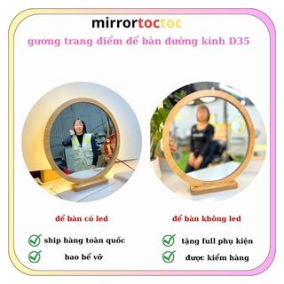 Gương để bàn trang điểm, Gương trang điểm viền gỗ tròn mini cao cấp có đèn led soi mặt kèm phụ kiện mirrortoctoc