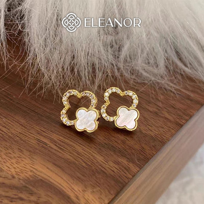 Bông tai nữ chuôi bạc 925 Eleanor Accessories đính đá cỏ 4 lá phụ kiện trang sức khuyên tai 6034
