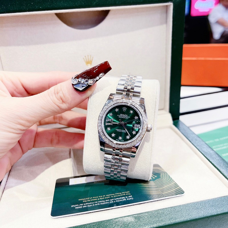 Đồng hồ Rolexxx nữ cao cấp máy  Pin mặt tròn siz 31mm đính đá dây kim loại