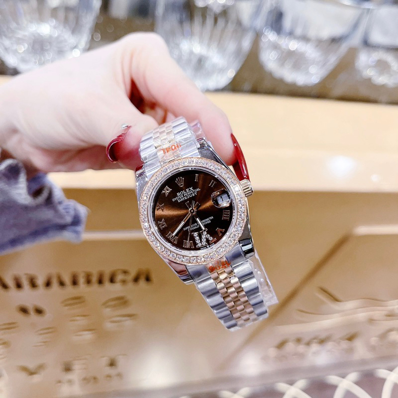 Đồng hồ Rolexxx nữ cao cấp máy  Pin mặt tròn siz 31mm đính đá dây kim loại
