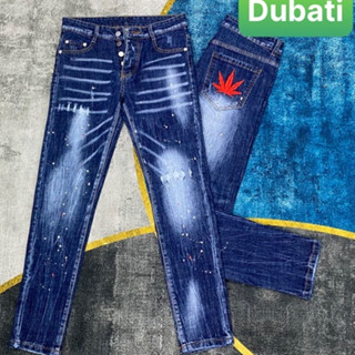 QUẦN JEAN NAM CHẤT BÒ XANH ĐẬM WASH THÊU LÁ PHONG ĐỎ HOT TREND 2024 BD-7188 CAO CẤP - DUBATI FASHION