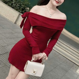Đầm váy nữ body chất gân đũi bẹt vai thắt nơ form ngắn dáng chữ A cực kì tone dáng sang trọng