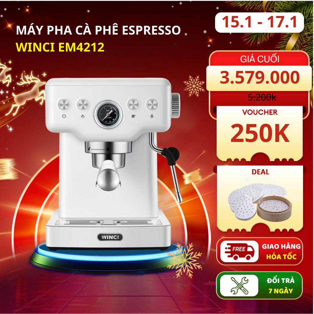 Máy pha cafe cao cấp Espresso Winci EM4212, Máy pha cà phê tự động công suất 1350W nhập khẩu từ Ý bảo hành 24 tháng