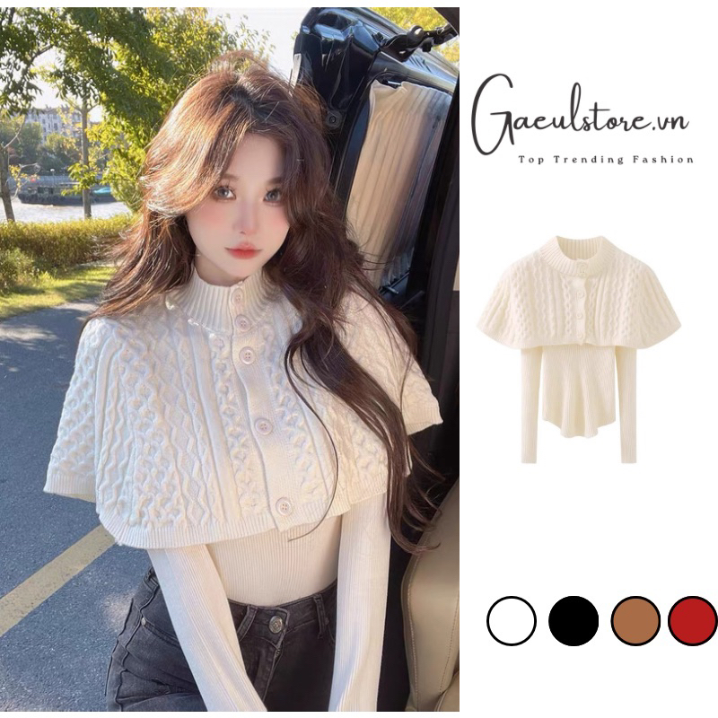 {Hàng Có Sẵn}Set Áo Len Tiểu Thư Sang Chảnh Gồm 1 Áo Cổ Tim Mix choàng cài khuy sần
