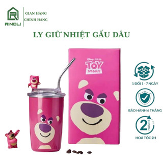  Ly giữ nhiệt gấu dâu tặng kèm ống hút- Cốc bình giữ nhiệt gấu Lotso hồng cute 500ml-RINOLI 