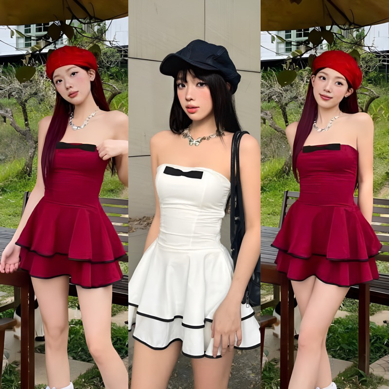 Đầm Ống Cúp Ngực Sẵn Mút ĐÍNH NƠ Dáng Ngắn Xoè Tầng Viền Đậm Mocking Sau Khoá Kéo Sườn Keo Có Lót Quần