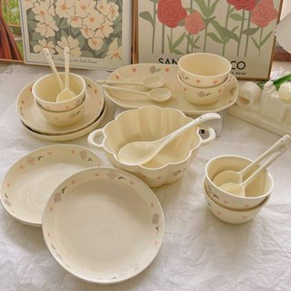 Bộ chén sứ, đĩa, thố, tô, ly ,bộ dụng cụ ăn cơm gia đình hoa kem đáng yêu - Gốm sứ SH