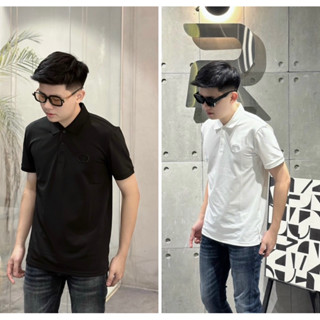 Áo polo nam boy phố có hoạ tiết thêu CD đơn giản hai màu trắng đen cotton gai co dãn thời trang BT