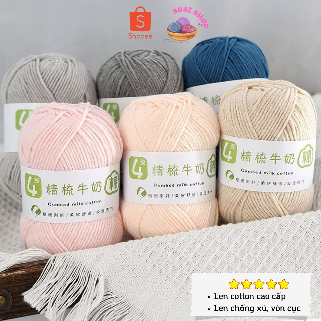 Len Milk Cotton Combed Cao cấp 50g Full 43 màu- Len chống xù, vón cục- Chuyên đan móc khăn, áo, thú bông…
