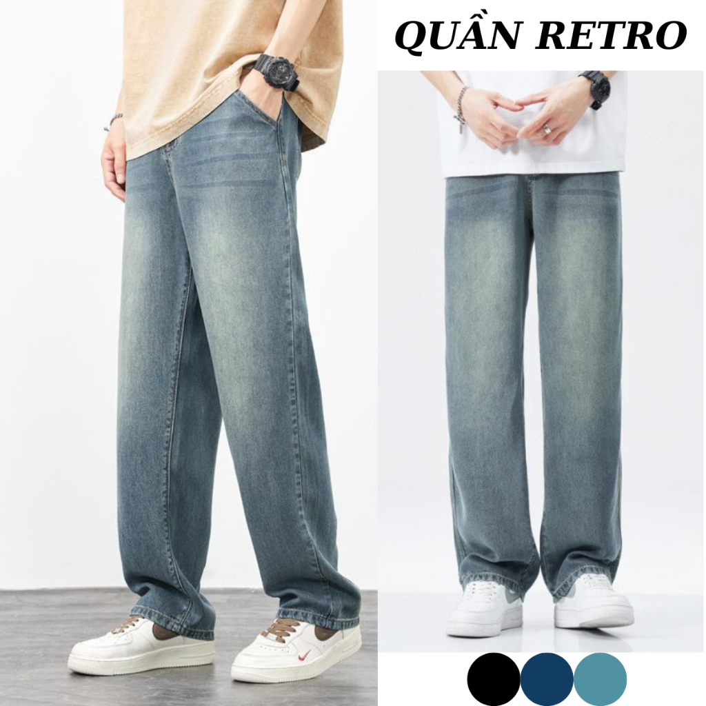 Quần jean nam mài RETRO WASH 2 màu đen xanh trơn basic ống suông form rộng MIAA chất bò cao cấp co giãn hottrend 2023