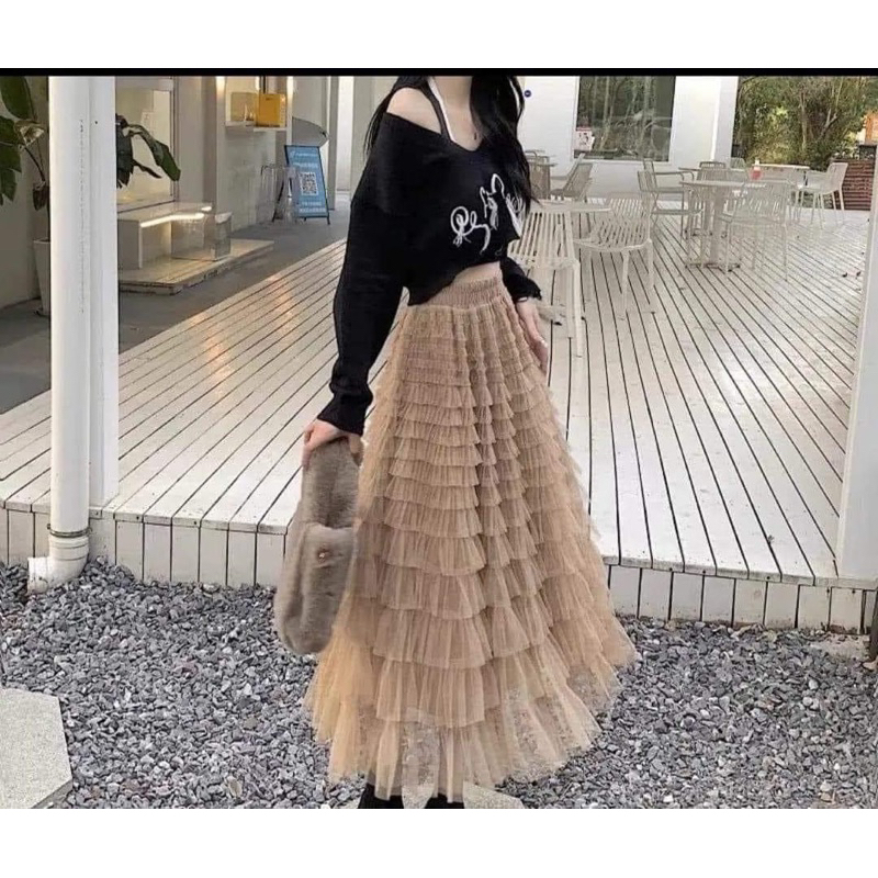 VÁY REN TẦNG DÀI PHỐI ĐƯỢC NHIỀU KIỂU ÁO