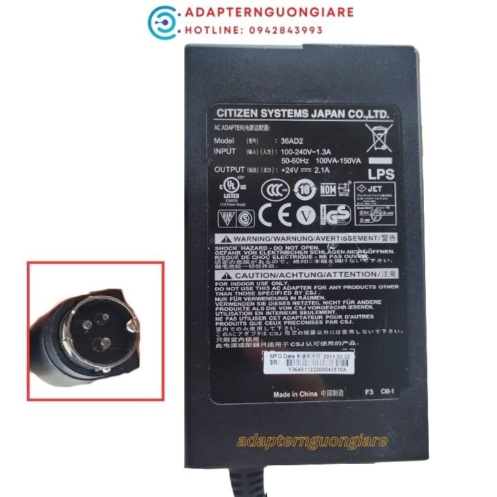 Dây nguồn máy in hoá đơn nhiệt 24v 2a/2.5a 3 pin chính hãng