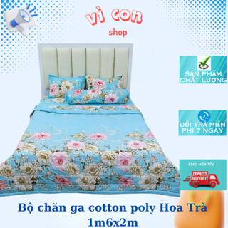 Bộ chăn ga 5 món cotton poly hoa trà xanh -