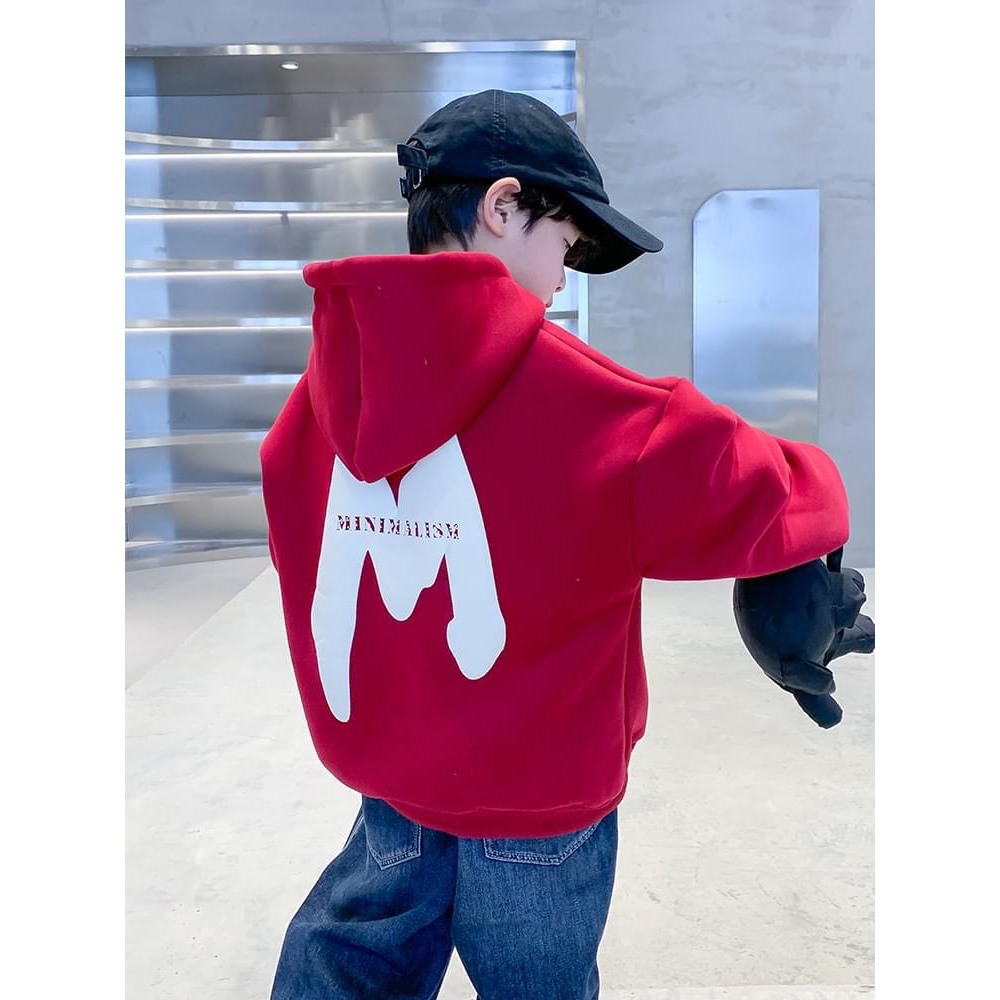 Áo nỉ có mũ 15-55kg, áo hoodie in chữ M cho bé nam, bé nữ 2-15 tuổi