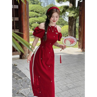 ÁO DÀI NHUNG CỔ YẾM KÈM TAG NƠ  60-90kg ( Big Size Huỳnh Ngọc )