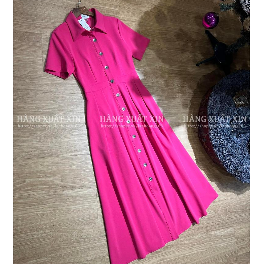 Đầm váy midi CK cổ sơ mi nhiều cúc, có túi sườn