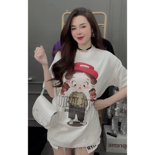 Áo phông rộng nữ màu trắng tay lỡ giấu quần In Cô bé đáng yêu, vải cotton 100% thoáng mát, co giãn 4 chiều, mềm mịn.