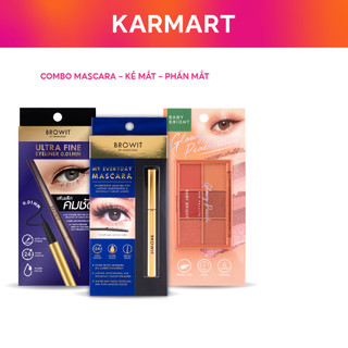 Bộ Trang Điểm Mắt BROWIT Mascara Nongchat Và Kẻ Mắt Ultra Fine Kèm Phấn Mắt Baby Bright Glowy Peach