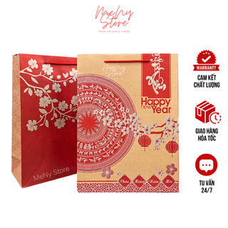 Túi giấy KRAFT đựng quà Tết, túi Chúc mừng năm mới in hoạ tiết có quai xách (giao mẫu ngẫu nhiên)