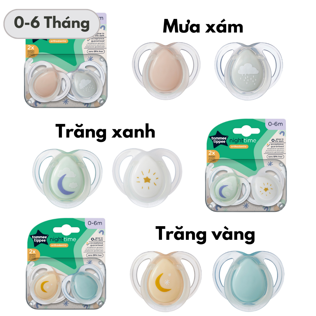 Ty Ngậm Dạ Quang Tommee Tippee Night Time, Cho Bé 0-6, 6-18, 18-36 Tháng