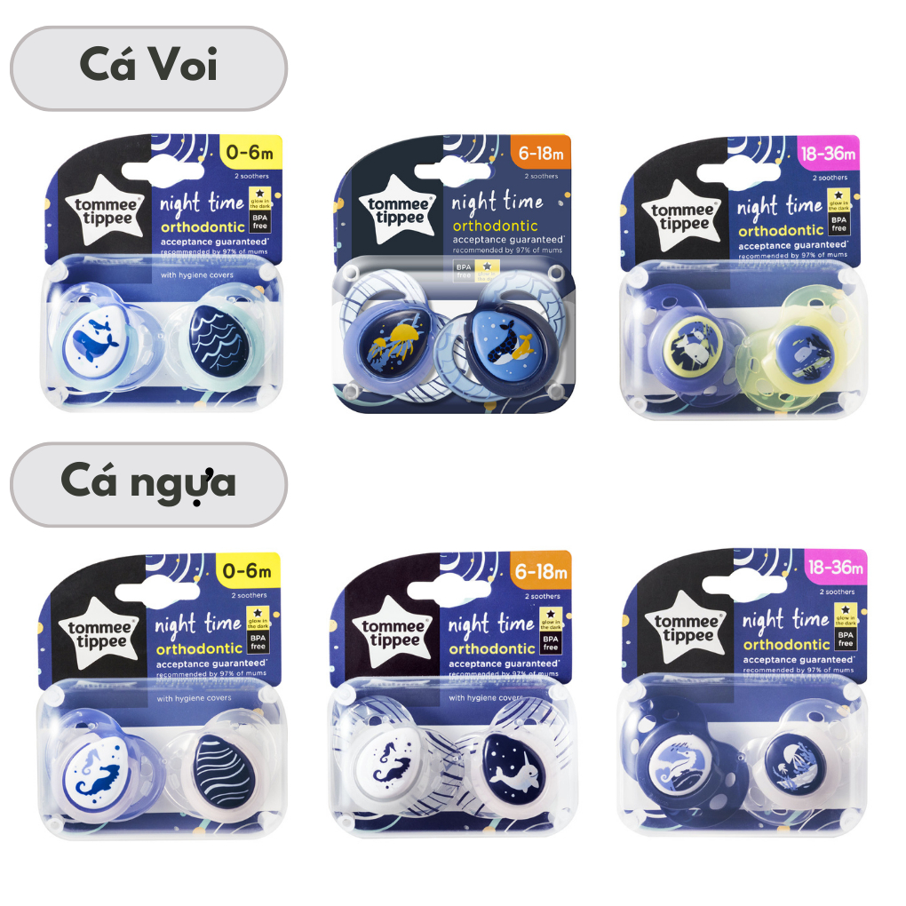 Ty Ngậm Dạ Quang Tommee Tippee Night Time, Cho Bé 0-6, 6-18, 18-36 Tháng
