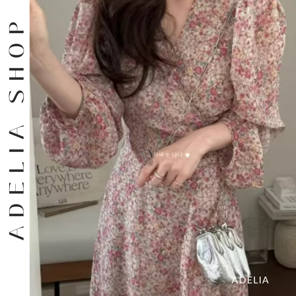「ADELIA」Đầm Hoa Nhí Mùa Thu Cổ V Nhẹ Nhàng Dáng Dài Chất Voan 2 Lớp Mềm Mại DH624