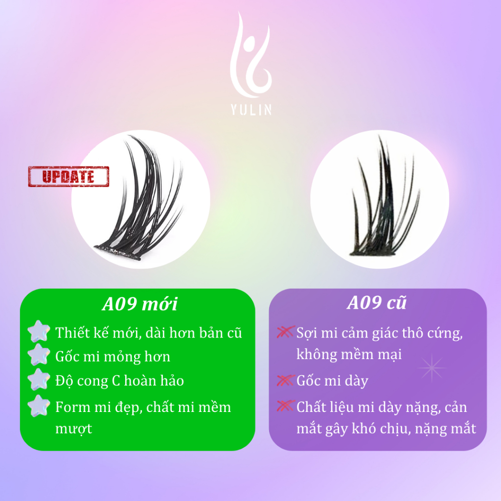 Mi giả tách sợi siêu mảnh và tự nhiên YULIN mã A09, mi tách sợi tặng kèm keo và kẹp lấy