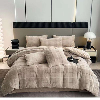 Set Chăn Ga Gối Nỉ Nhung Lông Thỏ Kẻ Ô Vuông (Set 4 món )