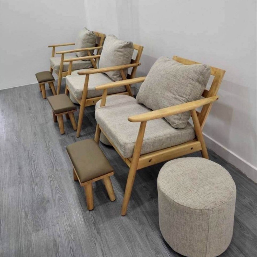 Bộ sofa nail 3 món màu kem vải bố - combo sofa nail tay gỗ - ghế thư giãn - bộ 3 món bảo hành 12 tháng