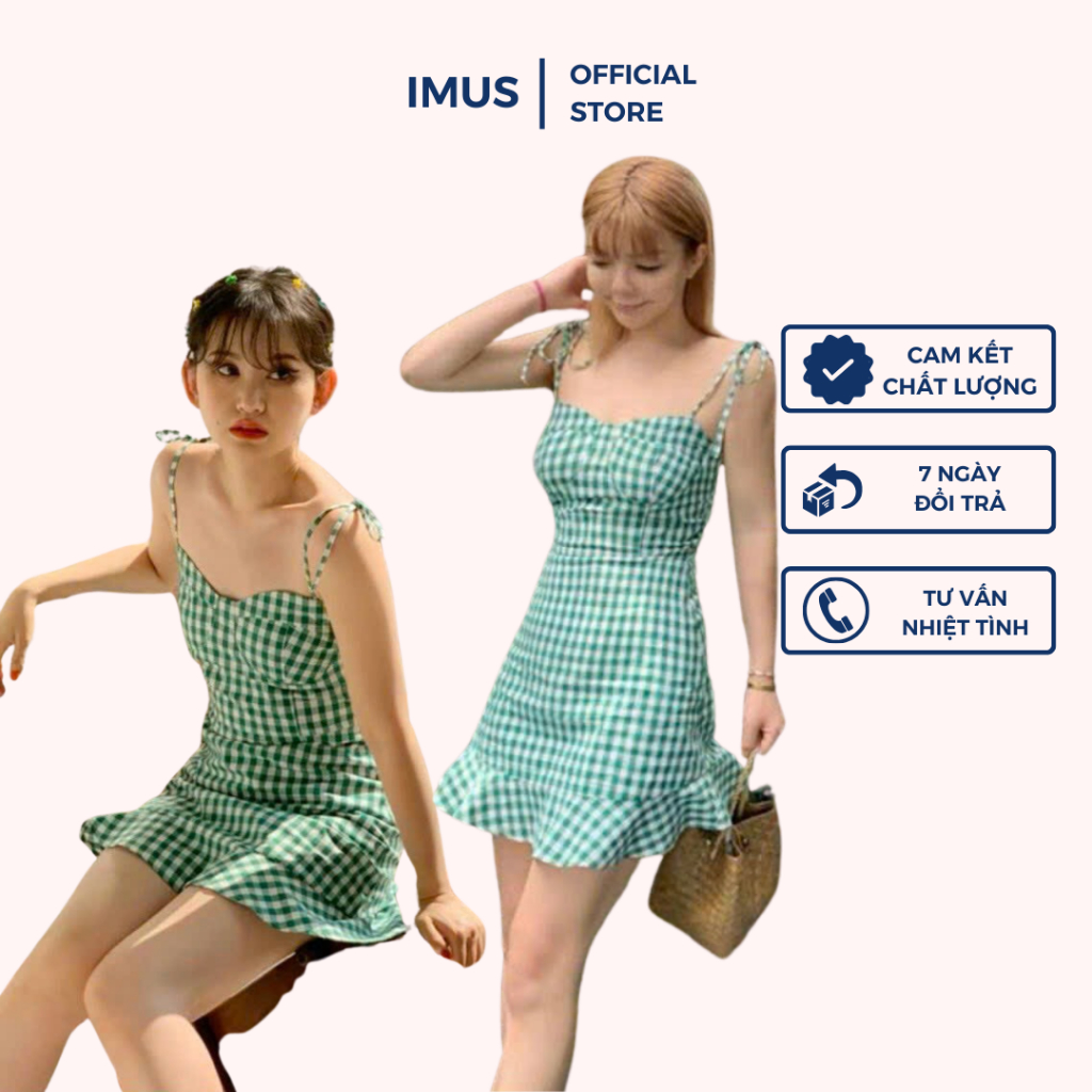 MIN DRESS - Đầm Caro Hai Dây Cột Nơ, Váy Caro Hai Dây Sọc Xanh Form Chữ A - IMUS Thiết Kế Nữ