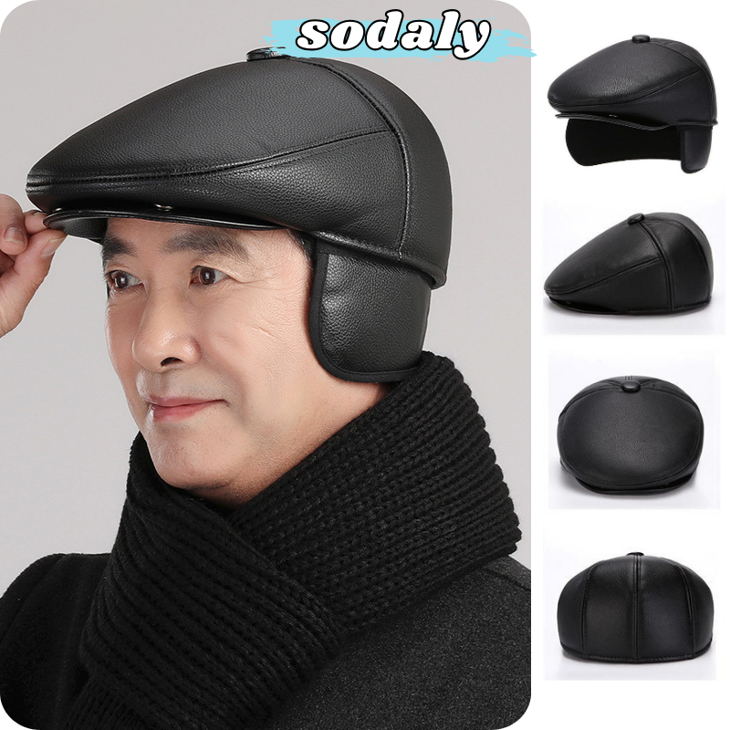 Mũ Beret Nam trung niên chất da PU lót lông cao cấp có che tai Mũ ông già có bịt tai siêu ấm