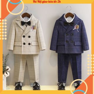  Bộ vest dạ bé trai cao cấp cho bé đi dự tiệc gồm 4 chi tiết  áo vest + quần tây + nơ + hoa  TQB154 TQB155 