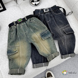  Quần JEAN KHÓI, NẮP TÚI HỘP cho bé trai KHÔNG KÈM ĐAI màu xanh đen size từ 8-28Kg