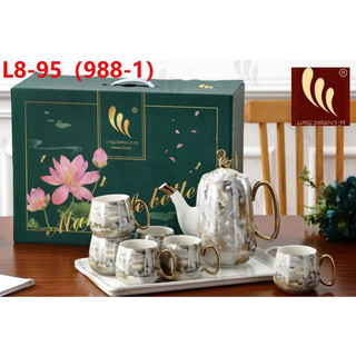 Bộ bình sứ kèm 6 ly , khay sứ cao cấp màu vân ánh ngọc trai cực sang