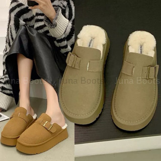 Dép lông nữ bít mũi phối lông cừu mùa đông - Giày sục giữ ấm phong cách retro mới nhất