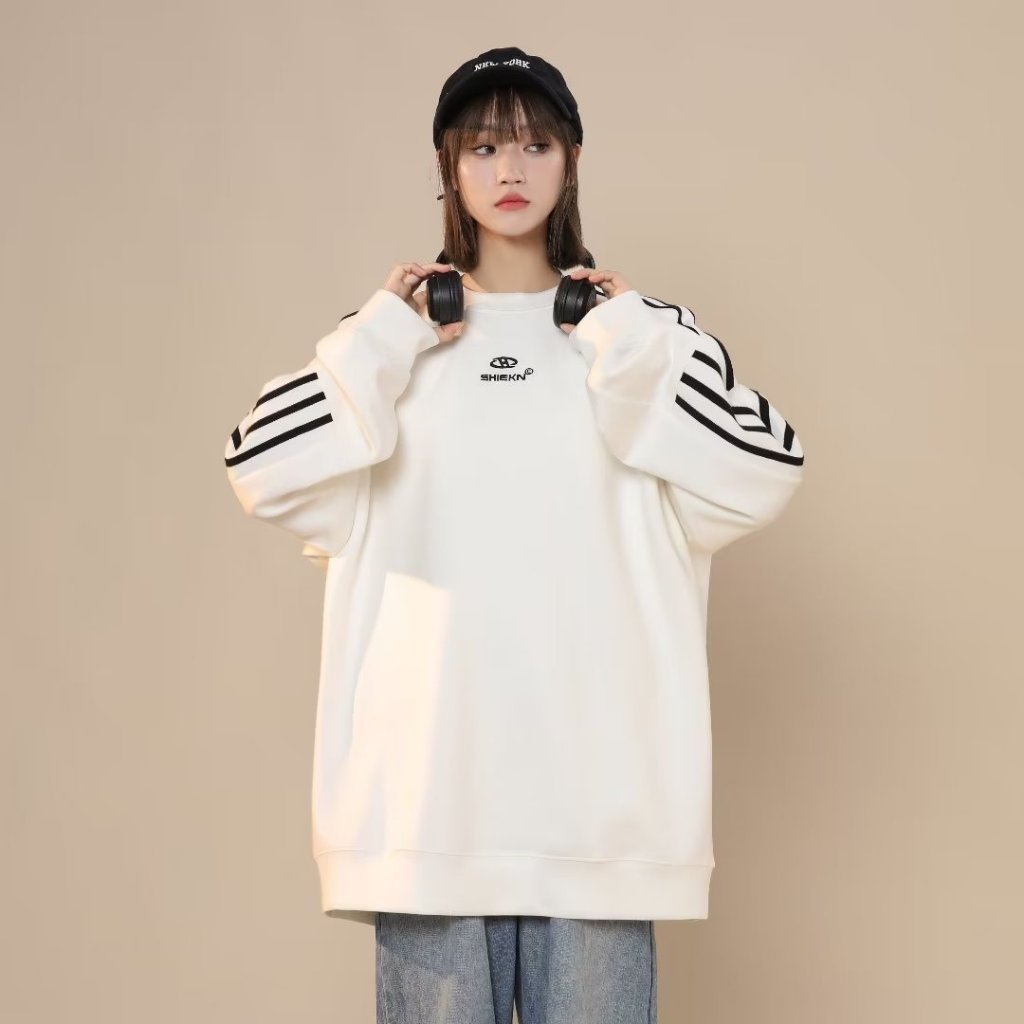Áo Sweater Nỉ Bông Unisex Cho Nam Nữ Thể Thao Viền Sọc Form Rộng Oversize Mùa Thu Đông Đen Trắng Dài Tay Cá Tính Quảng C