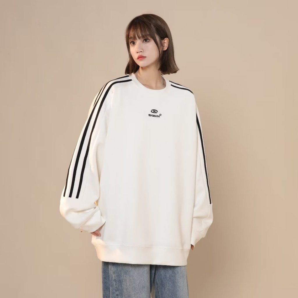 Áo Sweater Nỉ Bông Unisex Cho Nam Nữ Thể Thao Viền Sọc Form Rộng Oversize Mùa Thu Đông Đen Trắng Dài Tay Cá Tính Quảng C
