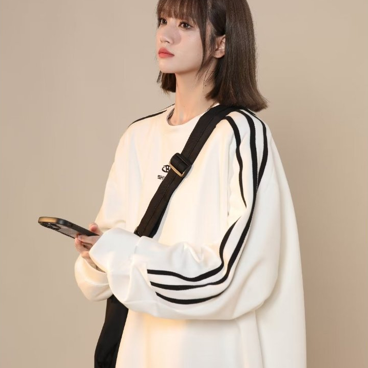 Áo Sweater Nỉ Bông Unisex Cho Nam Nữ Thể Thao Viền Sọc Form Rộng Oversize Mùa Thu Đông Đen Trắng Dài Tay Cá Tính Quảng C