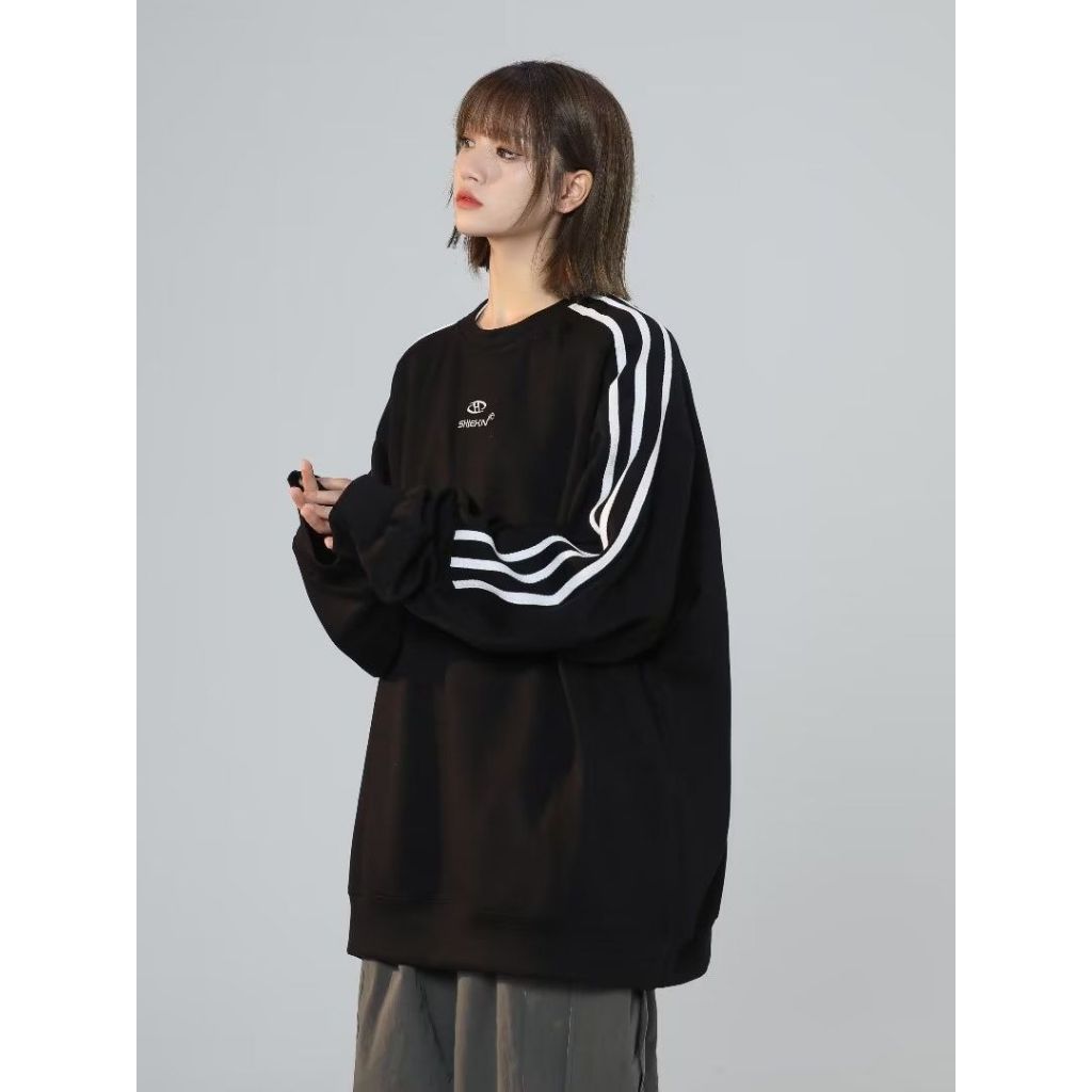 Áo Sweater Nỉ Bông Unisex Cho Nam Nữ Thể Thao Viền Sọc Form Rộng Oversize Mùa Thu Đông Đen Trắng Dài Tay Cá Tính Quảng C