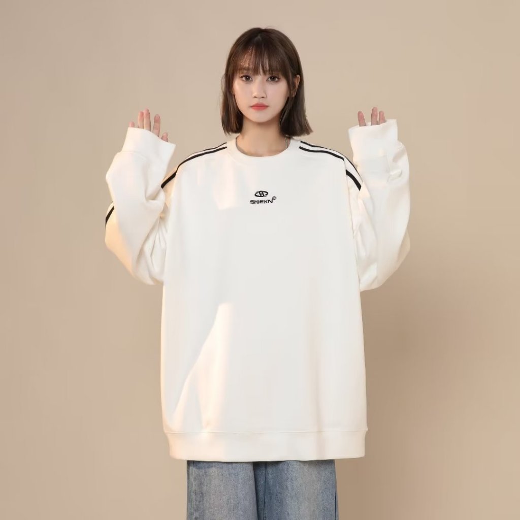 Áo Sweater Nỉ Bông Unisex Cho Nam Nữ Thể Thao Viền Sọc Form Rộng Oversize Mùa Thu Đông Đen Trắng Dài Tay Cá Tính Quảng C